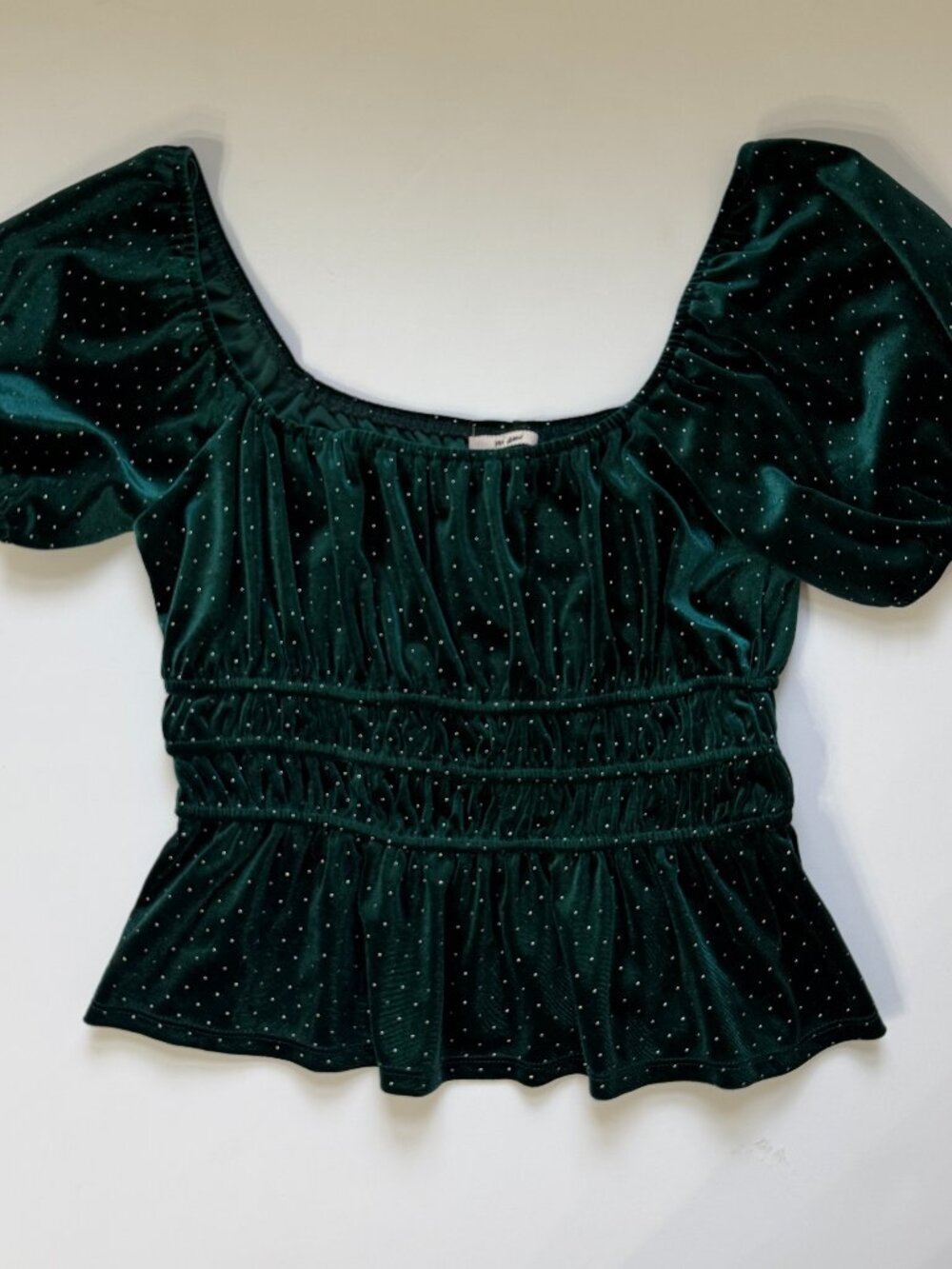 Green Velvet Top Francescas Miami Women's Medium Puff Sleeve Peplum Blouse
